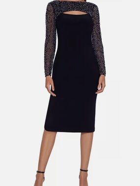 Betsy & Adam Black Embellished-Sleeve Midi Dress